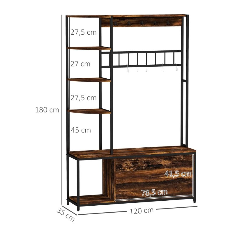HOMCOM Móvel Cabide de Entrada com Sapateira Móvel de Entrada com Banco Prateleiras e Ganchos  120x35x180 cm Marrom Escuro