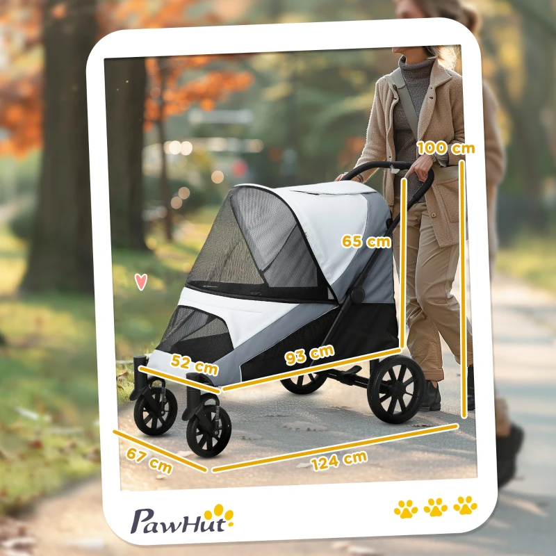 PawHut Carrinho para Cães Dobrável com Rodas Correias de Segurança Estrutura Amortecedora Almofada Lavável 124x67x100 cm Cinza