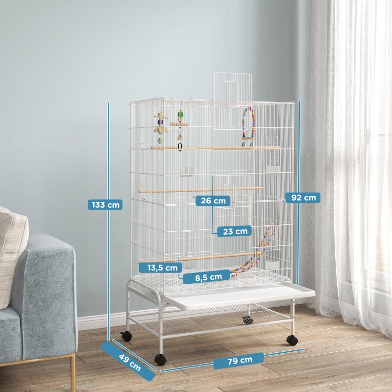 PawHut Gaiola para Pássaros com Rodas com 4 Comedouros 3 Poleiros Brinquedos Bandeja Amovível e Prateleira 79x49x133 cm Branco