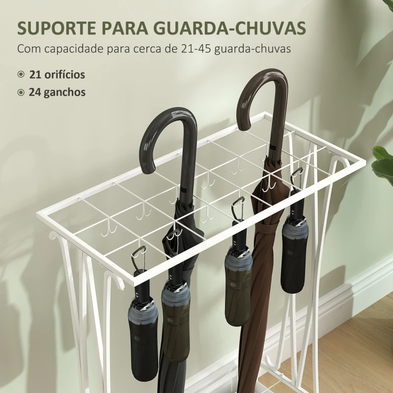 HOMCOM Suporte para Guarda-Chuva Moderno Retangular com 24 Ganchos 21 Espaços e Bandeja Recolhedora de Gotas 50x24x68 cm Branco