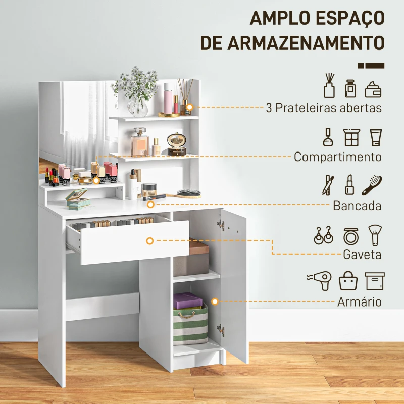HOMCOM Toucador de Maquilhagem com Banco Mesa de Maquilhagem com Espelho Prateleiras e Gaveta 80x40x132 cm Branco e Bege