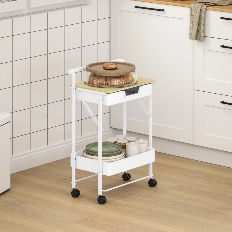 HOMCOM Carrinho Auxiliar com Rodas de 2 Níveis Carrinho de Cozinha com 1 Gaveta e 1 Cesto Carrinho Organizador 45x29,5x68 cm Branco