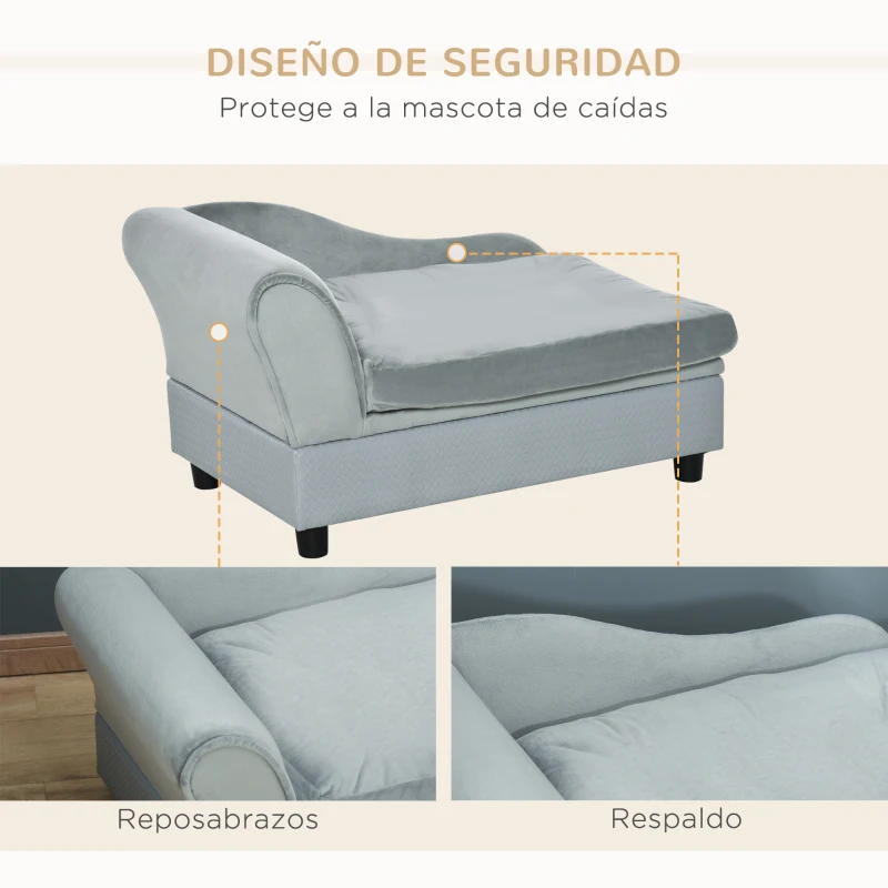 PawHut Sofá para Perros con Almacenaje Oculto y Cojín Diván para Mascotas de Hasta 10 kg 76x45x43 cm Gris Claro