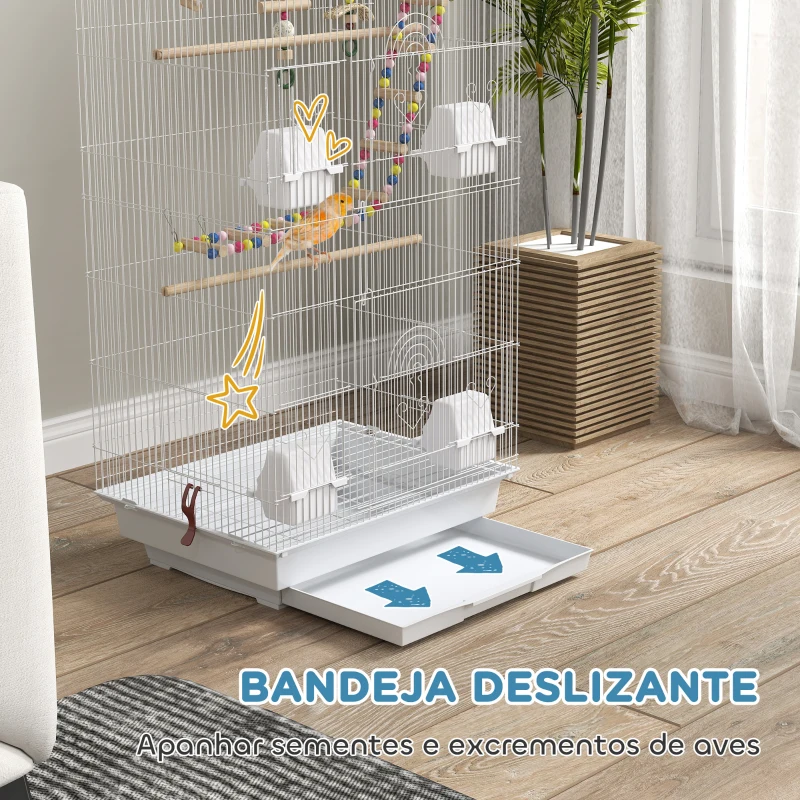 PawHut Gaiola para Passáros de Metal com Portas 4 Comedouros 3 Poleiros Baloiço Escadas e Bandeja Removível  46x36x100 cm Branco