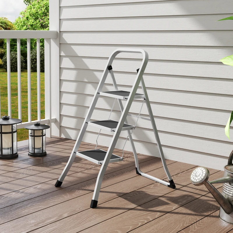 HOMCOM Escada Dobrável de 3 Degraus  Carga até 150 kg com Pedal Antiderrapante Fácil de Guardar e Transportar 71x46,5x105,3 cm Branco