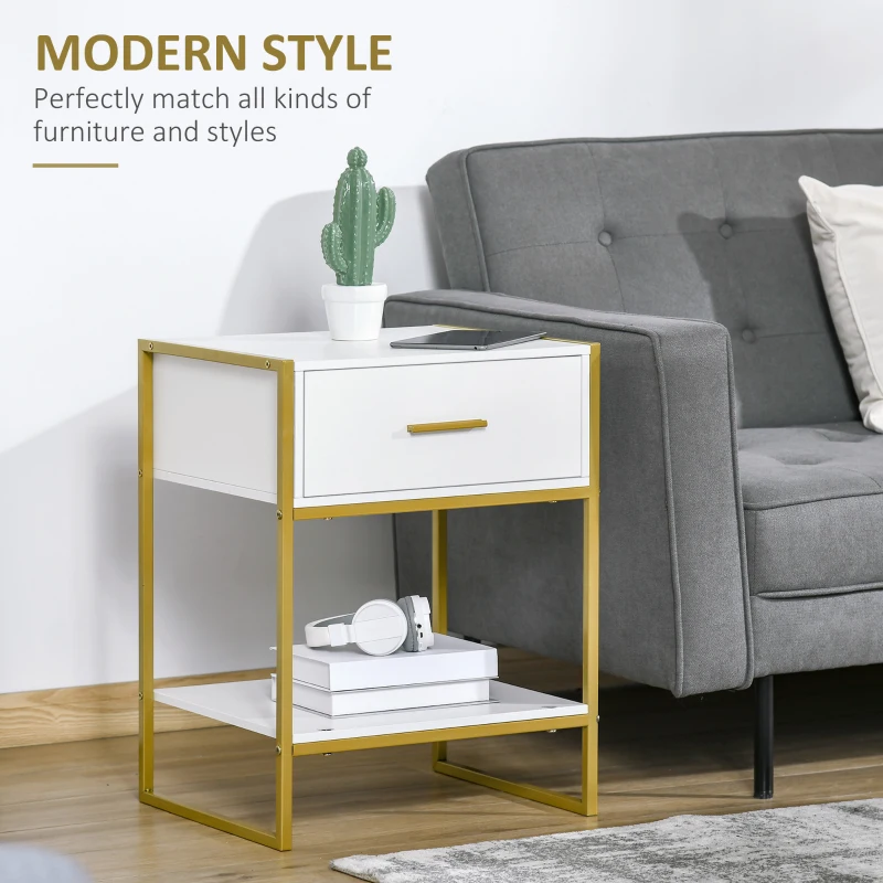 HOMCOM Bedside Table Set of 2, Modern Side Tables with Drawer and Shelf, Nightstands for Bedroom, White