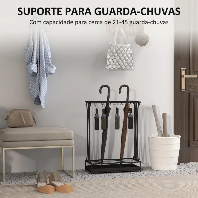 HOMCOM Suporte para Guarda-Chuva Moderno Retangular com 24 Ganchos 21 Espaços e Bandeja Recolhedora de Gotas 50x24x68 cm Preto