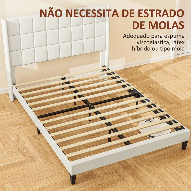 HOMCOM Cama 135x190 cm Estrutura de Cama com Cabeceira Estofada em Linho e Espaço de Armazenamento Debaixo da Cama Bege