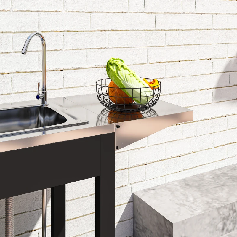 Outsunny Grillwagen Serveerwagen met Werkblad, Uitklapbare Zijplank, Kast, Spoelbak, Wielen, Roestvrij Staal 162,5x47x87cm Zwart