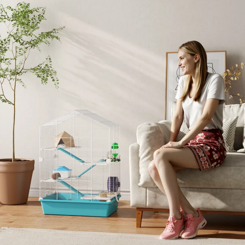 PawHut Gaiola para Hamster de 5 Níveis com Plataformas Comedouro Bebedouro Casa Rampa e Rodas de Exercícios 58x36x81 cm Azul Claro