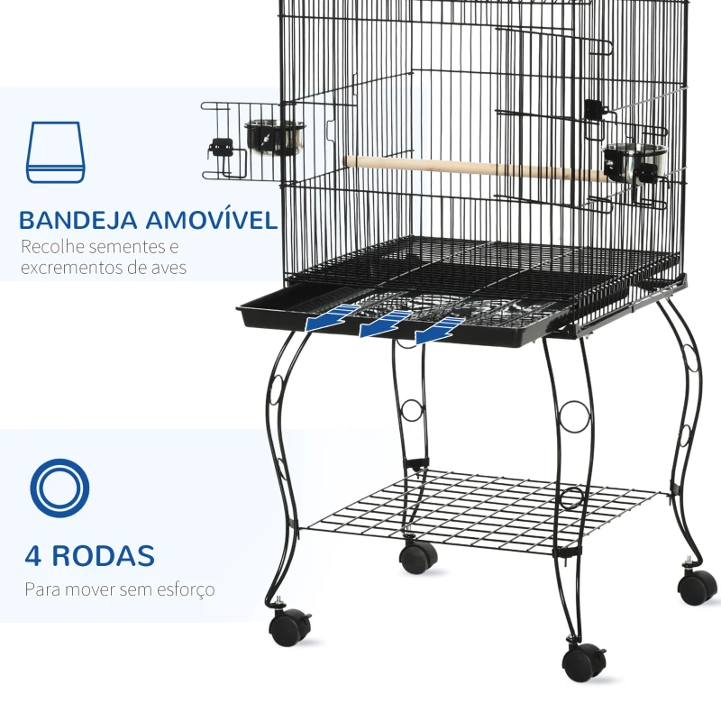 PawHut Gaiola para Pássaros com Rodas Bandeja Amovível Portas Comedouro Poleiro e Prateleira Inferior 50x49x137 cm Preto