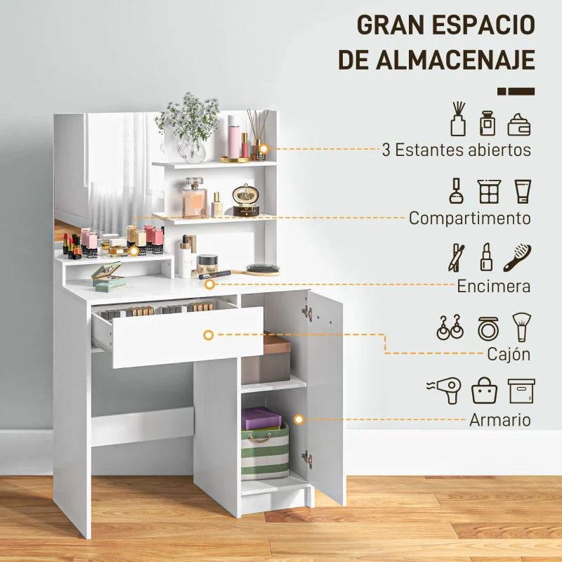 HOMCOM Tocador de Maquillaje con Taburete Espejo Cajón Estante Ajustable y Estantes Abiertos Anti-vuelco Blanco y Beige