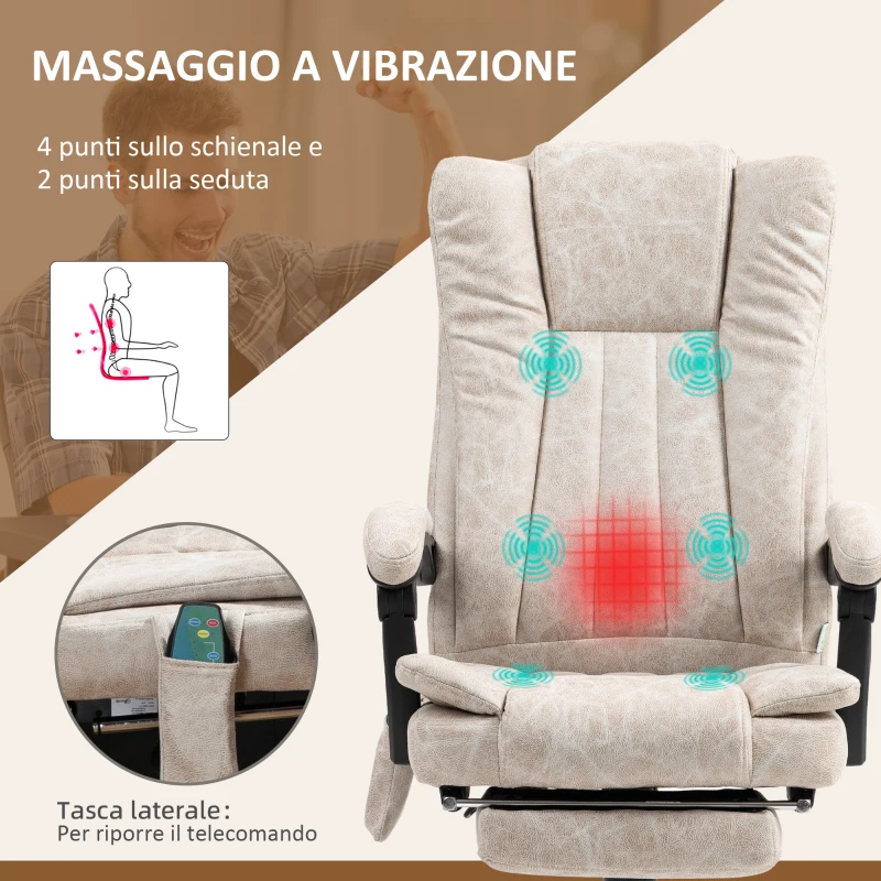 Vinsetto Sedia da Ufficio Massaggiante e Riscaldante con Poggiapiedi, in Microfibra, 62x70x113-120 cm, Crema