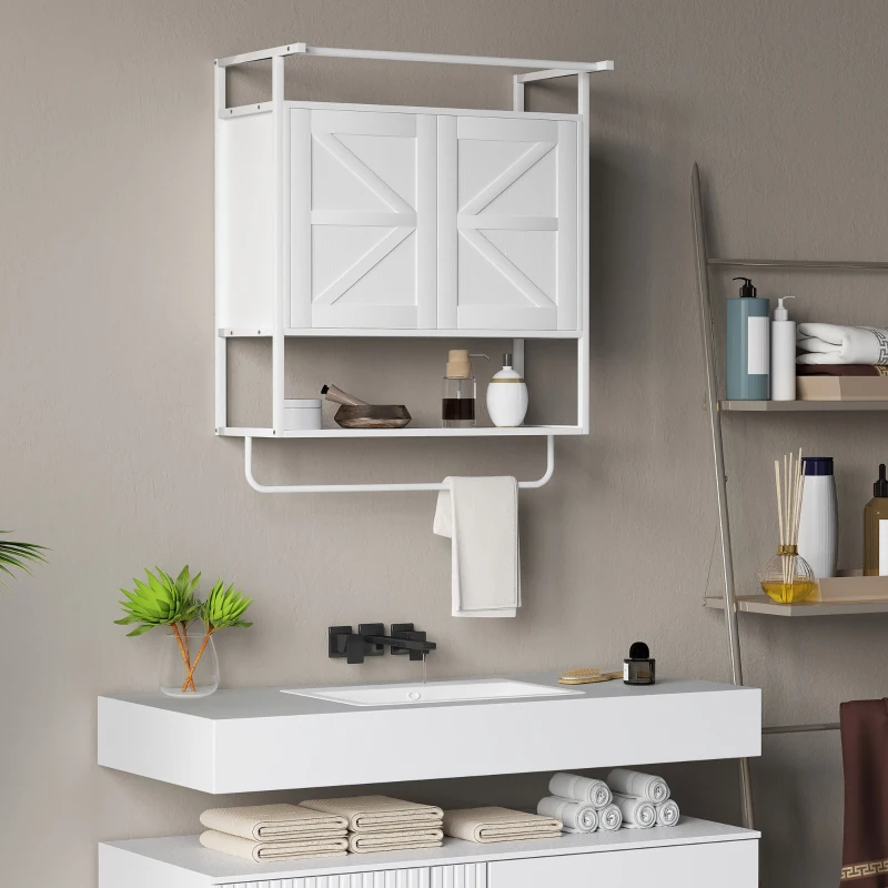 HOMCOM Armário de Parede para Casa de Banho Multiusos com 2 Portas Prateleira e Barra para Toalhas 63x34x75 cm Branco