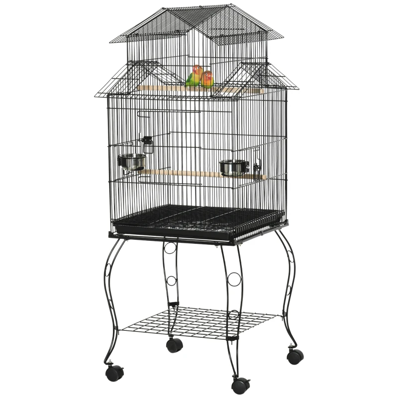 PawHut Gaiola para Pássaros com Rodas Bandeja Amovível Portas Comedouro Poleiro e Prateleira Inferior 50x49x137 cm Preto