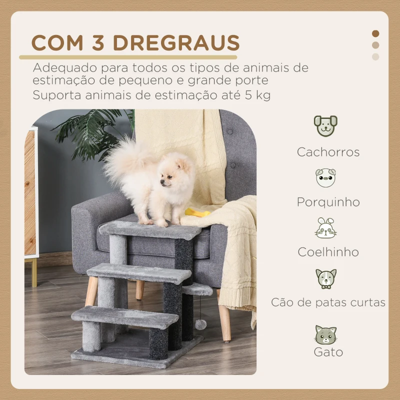 PawHut Escada para Animais de Estimação Escada para Gatos de 3 Degraus com Poste de Arranhar Bola 45x40x48 cm Cinza