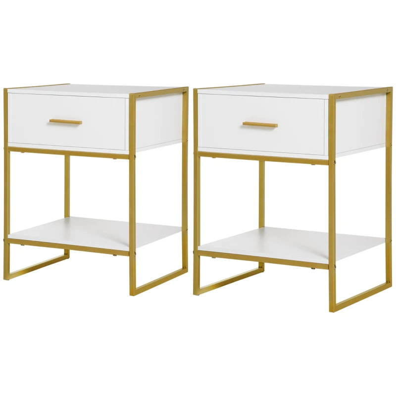 HOMCOM Bedside Table Set of 2, Modern Side Tables with Drawer and Shelf, Nightstands for Bedroom, White