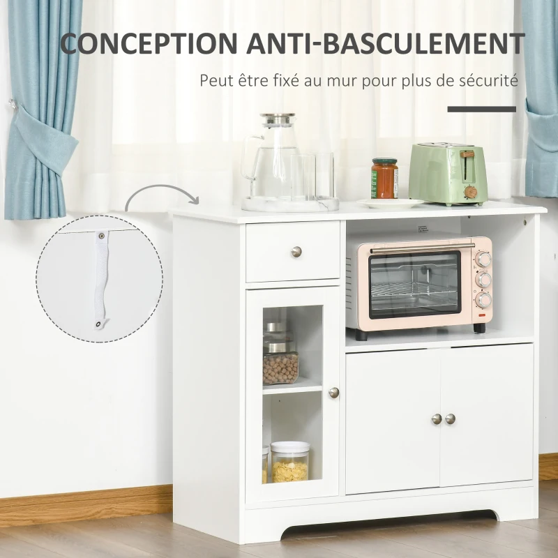 HOMCOM Meuble micro-ondes, buffet cuisine, armoire de rangement, pour cuisine, salle à Manger 90 x 40 x 82 cm verre trempé et bois, blanc
