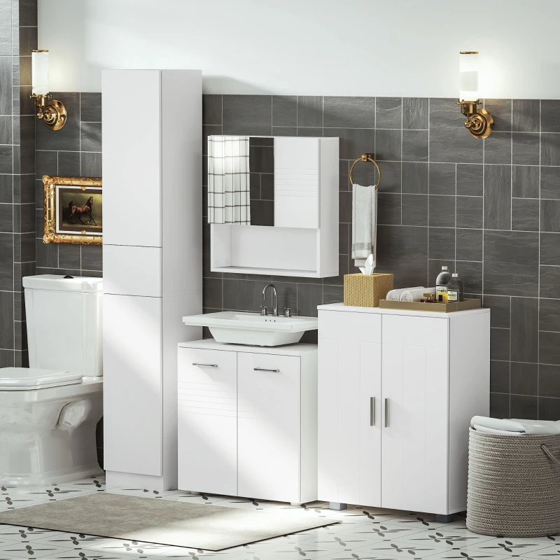 Kleankin Mobilier subchiuveta pentru Baie cu 2 Usi, Dulapior cu Economisire de spatiu pentru Chiuveta din Lemn cu Polita Reglabila, Alb(m-8)