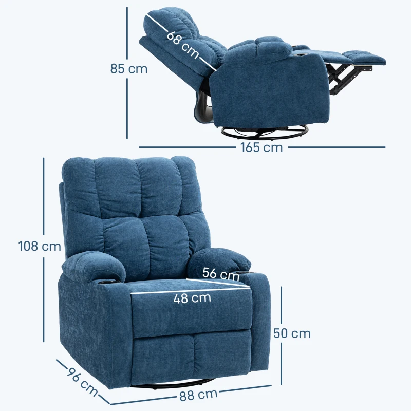 HOMCOM Fauteuil Relaxant avec Repose-pieds, Fauteuil inclinable, pivotant, jusqu'à 150 kg, Cadre en acier, 88x96x108cm, Bleu foncé(m-3)