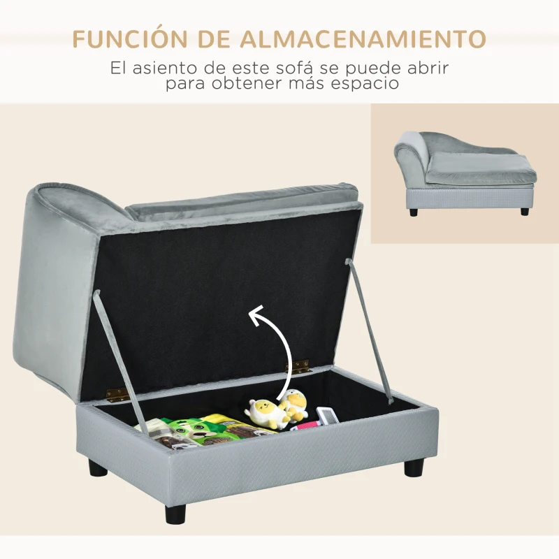 PawHut Sofá para Perros con Almacenaje Oculto y Cojín Diván para Mascotas de Hasta 10 kg 76x45x43 cm Gris Claro