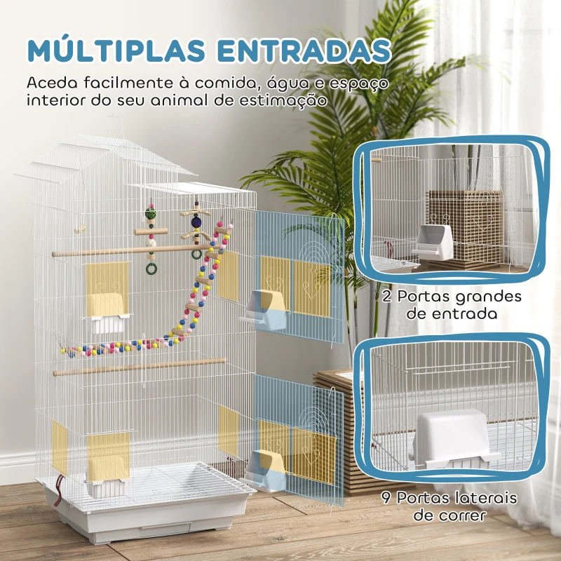PawHut Gaiola para Passáros de Metal com Portas 4 Comedouros 3 Poleiros Baloiço Escadas e Bandeja Removível  46x36x100 cm Branco