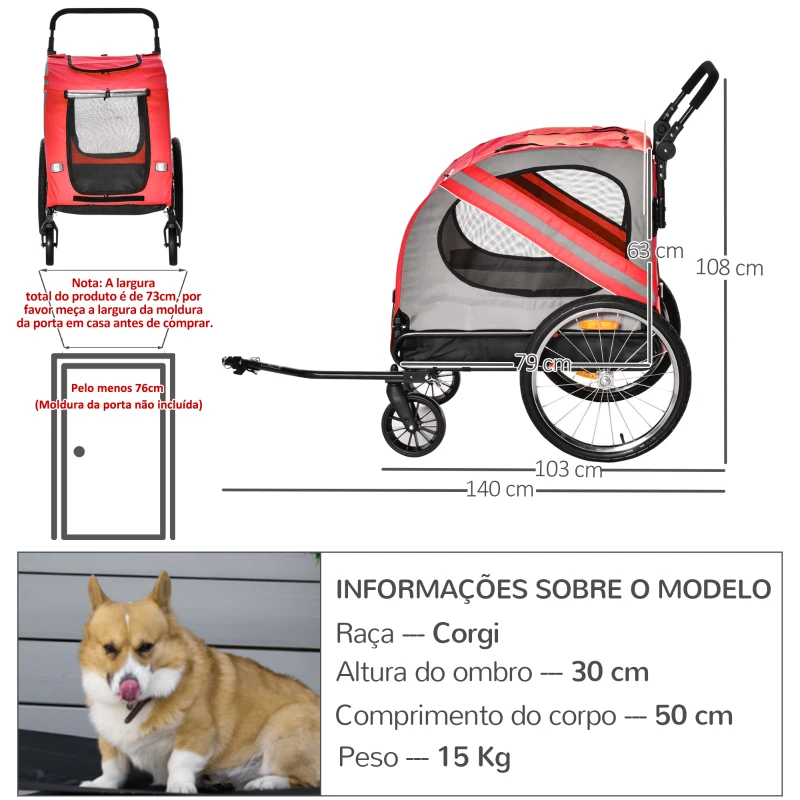 PawHut Reboque Bicicleta para Cães 2 em 1 com Porta Enrolável Janelas Cinto de Segurança e 6 Refletores 140x72,5x108 cm Vermelho