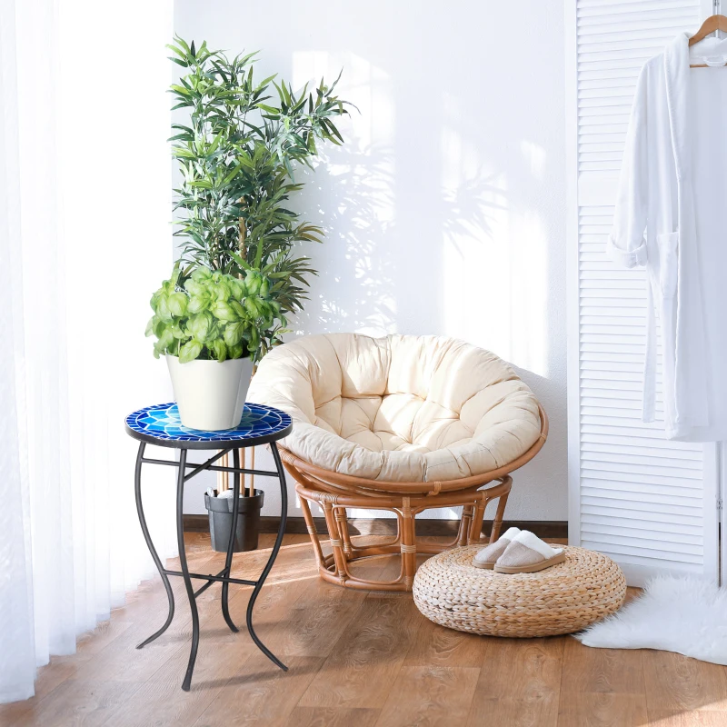 Masuta de Gradina Rotunda din Metal Outsunny cu Blat din Ceramica, Ф35,5x53,5 cm, Albastru si Alb