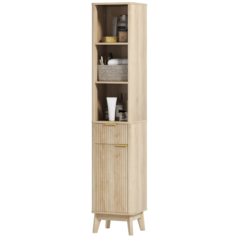 HOMCOM Coluna de Casa de Banho Móvel de Casa de Banho Estreito com Porta Canaleda Gaveta 3 Compartimentos e Prateleiras Ajustáveis 33x30x170 cm Madeira