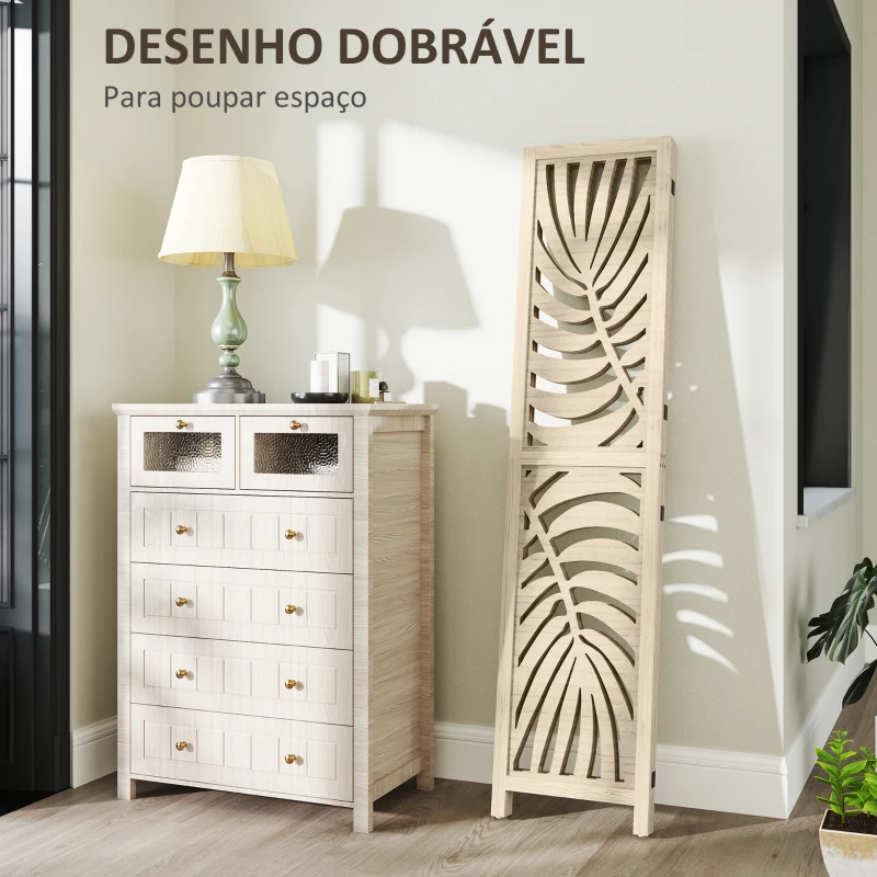 HOMCOM Biombo de 3 Painéis Separador de Ambientes Dobrável 120x170 cm com Estampado de Folhas de Palmeira Tropical Madeira