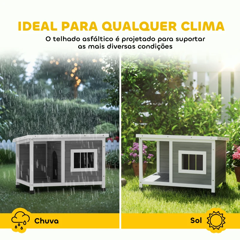 PawHut Casa para Cães de Madeira Casa para Animais de Estimação com Teto Asfáltico Impermeável e Janela 85,5x62x60cm Cinza