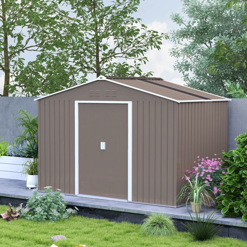 Outsunny Cabanon pour Outils en Métal avec Portes Coulissantes et Fenêtres de Ventilation, 277 x 195 x 192 cm, Gris clair