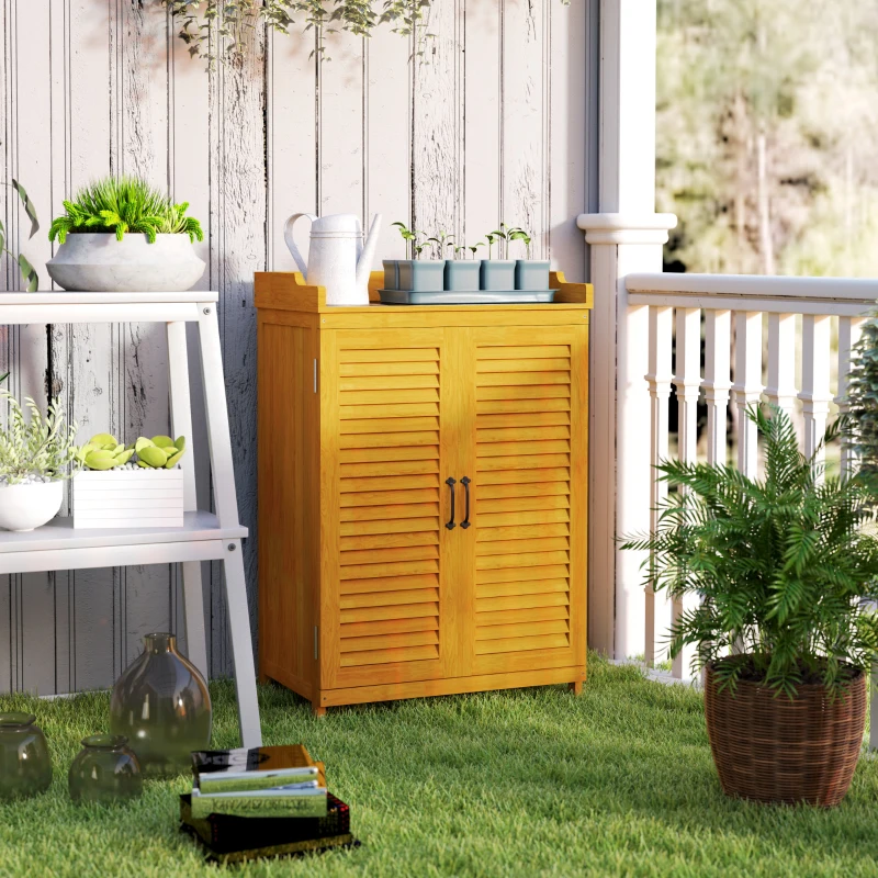 Outsunny Armoire de jardin en bois, cabane à outils avec plan de travail, résistant aux intempéries Armoire à outils, 65,5x40x98,5cm Jaune