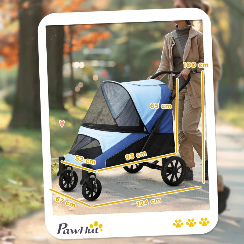 PawHut Carrinho para Cães Dobrável com Rodas Grandes Correias de Segurança Estrutura Amortecedora Almofada Lavável 124x67x100 cm Azul