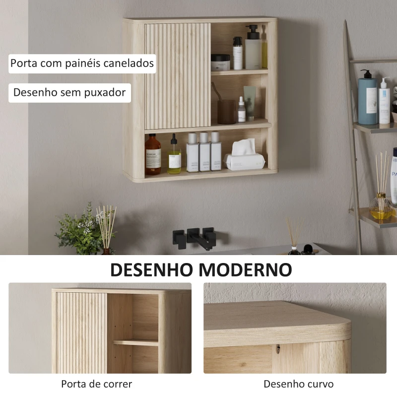 HOMCOM Armário de Casa de Banho de Parede com Prateleiras Ajustáveis Porta Deslizante e Compartimentos  60x20x62 cm Madeira