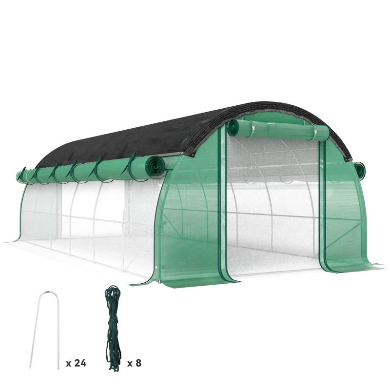 Outsunny Serre Tunnel en film plastique de 6 x 3 x 2 m avec filet pare-soleil, parois latérales enroulables, couverture en plastique, cadre en acier, Vert