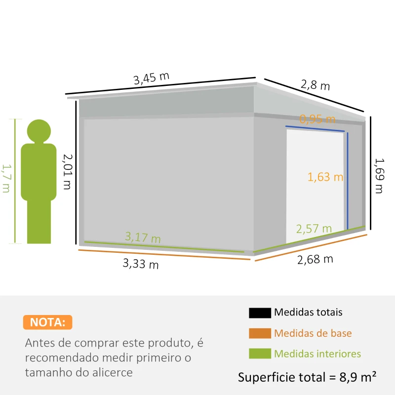 Outsunny Abrigo de Jardim 8,9 m² 280x345x201 cm Abrigo de Exterior de Aço para Armazenamento com Portas e 2 Janelas Cinza