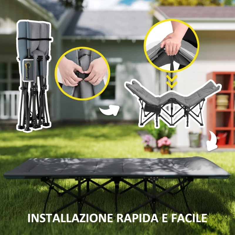 Outsunny Lettino da Campeggio Pieghevole per Adulti con Cuscino Integrato e Tasca Laterale, Grigio