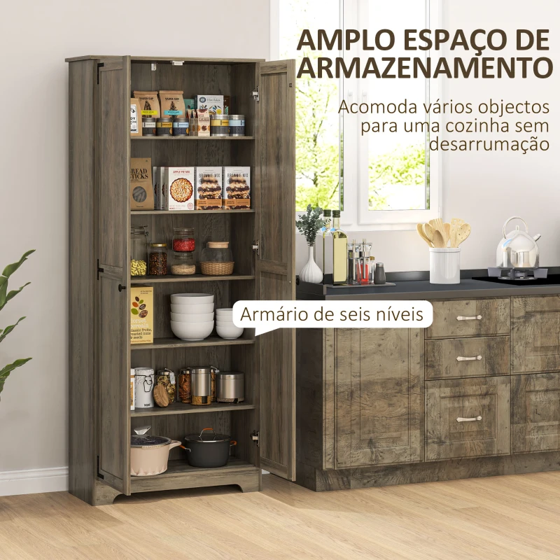 HOMCOM Armário de Cozinha Armário de Arrumação com 2 Portas e Prateleiras Ajustáveis 78x31,5x182 cm Marrom Acinzentado