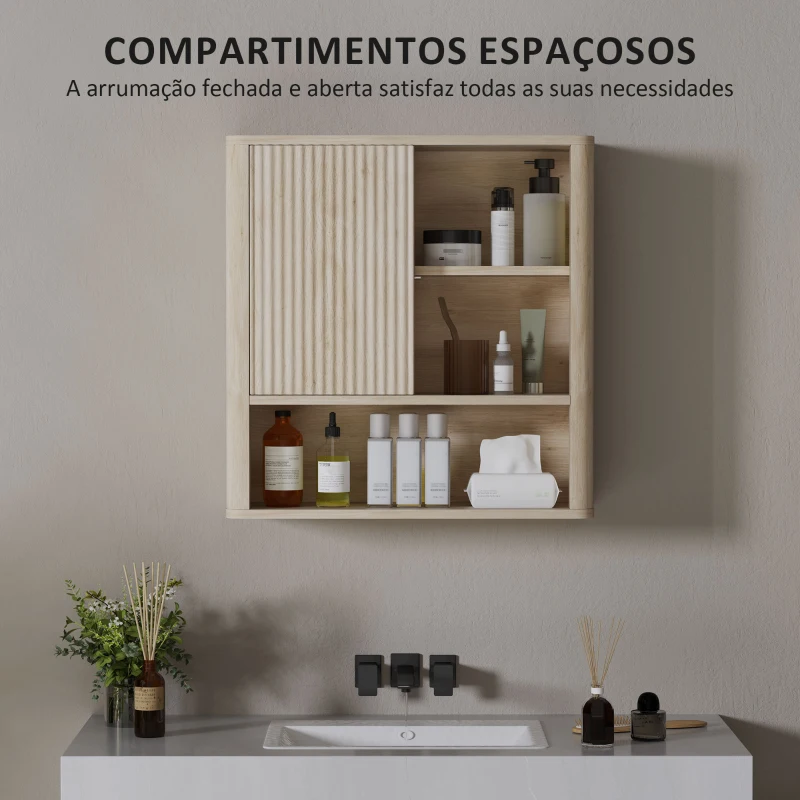 HOMCOM Armário de Casa de Banho de Parede com Prateleiras Ajustáveis Porta Deslizante e Compartimentos  60x20x62 cm Madeira