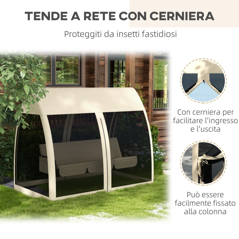 Outsunny Dondolo da Giardino 2 in 1 Convertibile in Letto con Cuscini e Zanzariera, 240x140x197 cm, Caffè