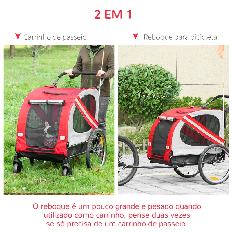 PawHut Reboque Bicicleta para Cães 2 em 1 com Porta Enrolável Janelas Cinto de Segurança e 6 Refletores 140x72,5x108 cm Vermelho