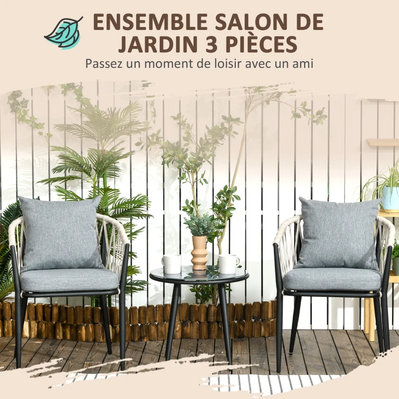 Outsunny Salon de jardin 2 personnes 3 pièces 2 fauteuils avec coussins table basse ronde plateau verre trempé corde tressée gris