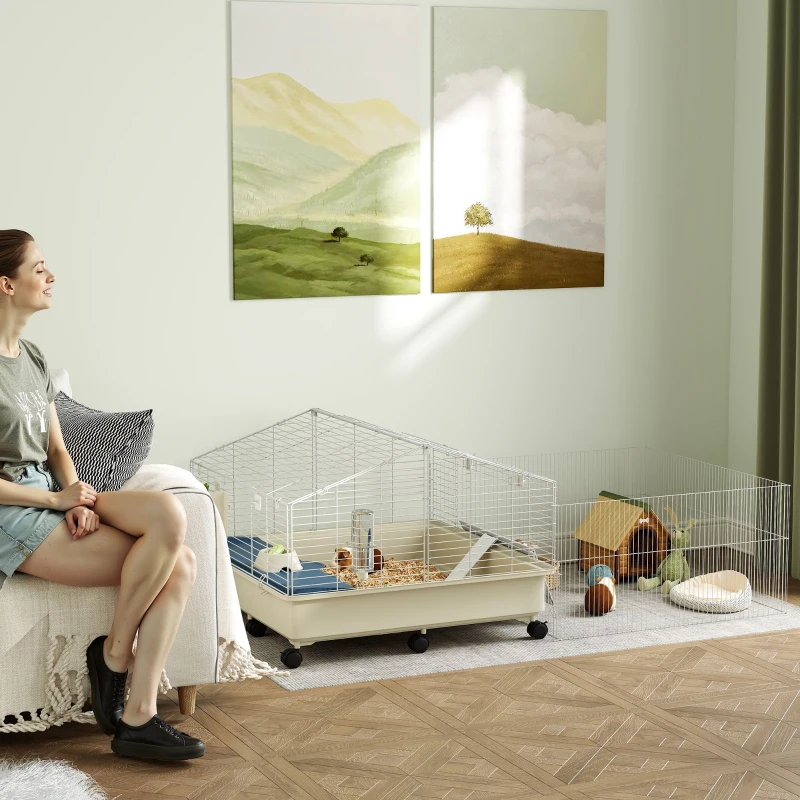 PawHut Cage pour petits animaux, balcon, rampe, mangeoire, bouteille d'eau, design à 2 étages, blanc