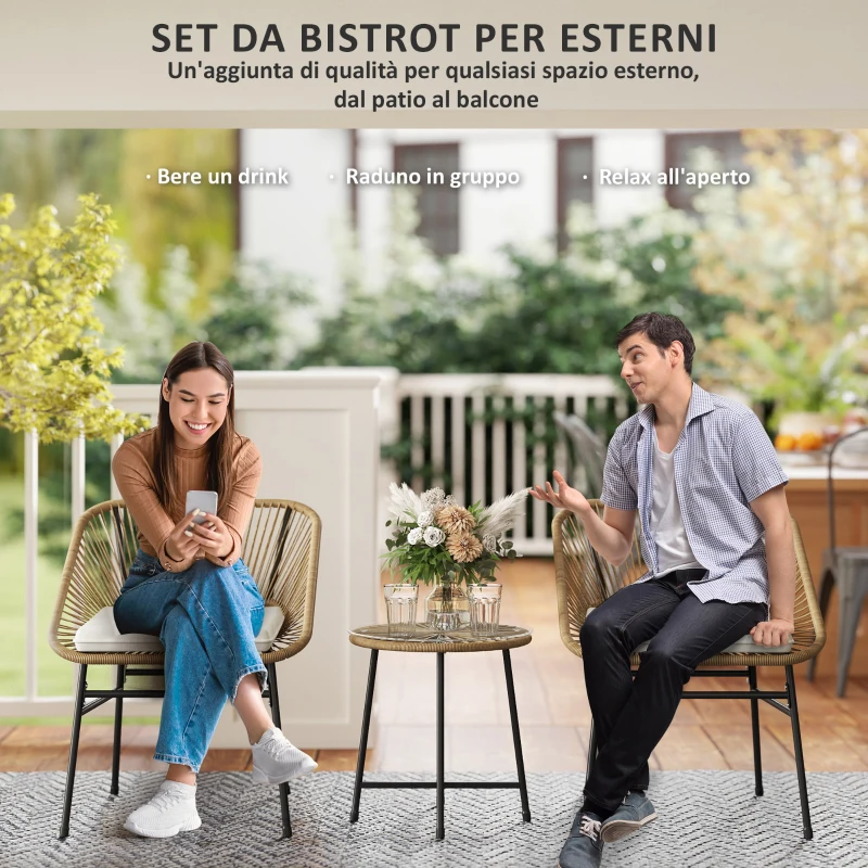 Outsunny Set da Giardino 3 Pezzi in Rattan PE e Acciaio con 2 Sedie con Cuscini e Tavolino Rotondo, Multicolore