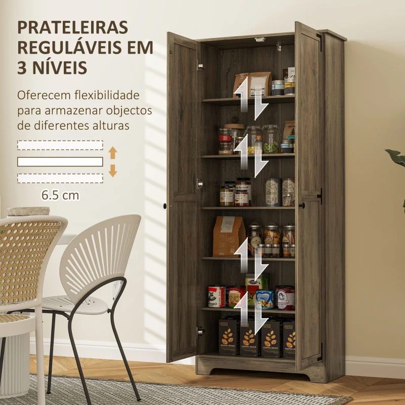 HOMCOM Armário de Cozinha Armário de Arrumação com 2 Portas e Prateleiras Ajustáveis 78x31,5x182 cm Marrom Acinzentado