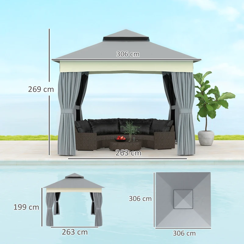 Outsunny Pavillon avec Double Toit, 3x3 m Résistant à l'eau Stable Tout l'Année Pavillon de Jardin en Métal Gris Foncé