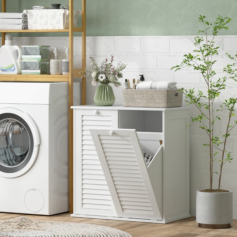 HOMCOM Armoire à linge, 2 paniers basculants pour le linge, 2 portes à lamelles, 70 x 38 x 73 cm, Blanc
