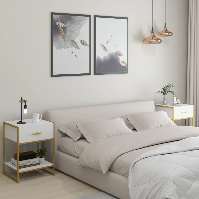 HOMCOM Bedside Table Set of 2, Modern Side Tables with Drawer and Shelf, Nightstands for Bedroom, White