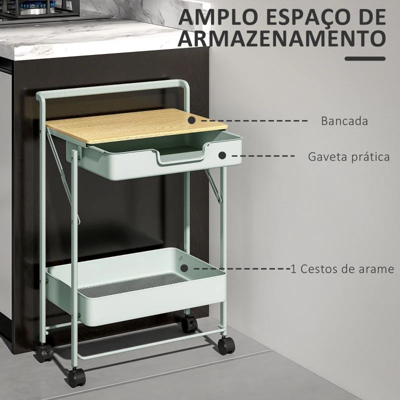HOMCOM Carrinho Auxiliar com Rodas de 2 Níveis Carrinho de Cozinha com 1 Gaveta e 1 Cesto Carrinho Organizador 45x29,5x68 cm Verde Claro